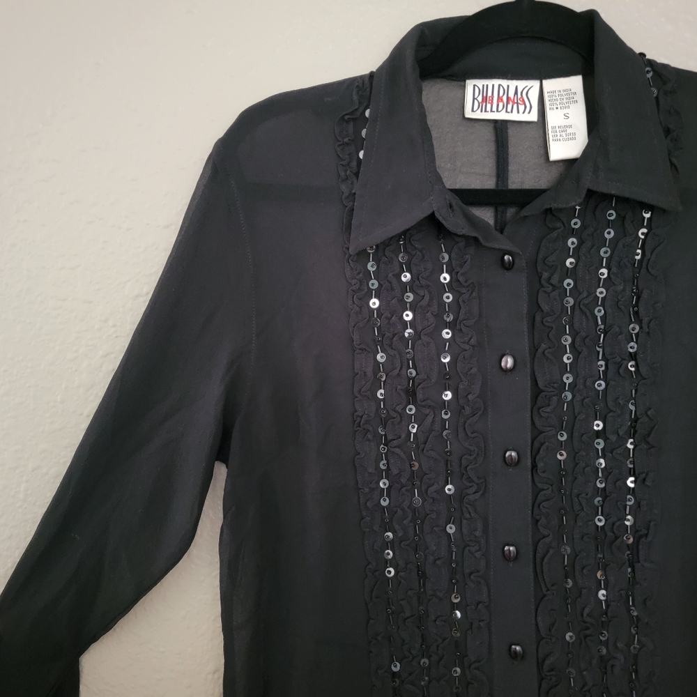 Bill Blass Black Sheer Tuxedo Ruffle Front Button Sequin Blouse NWT Goth Twee
